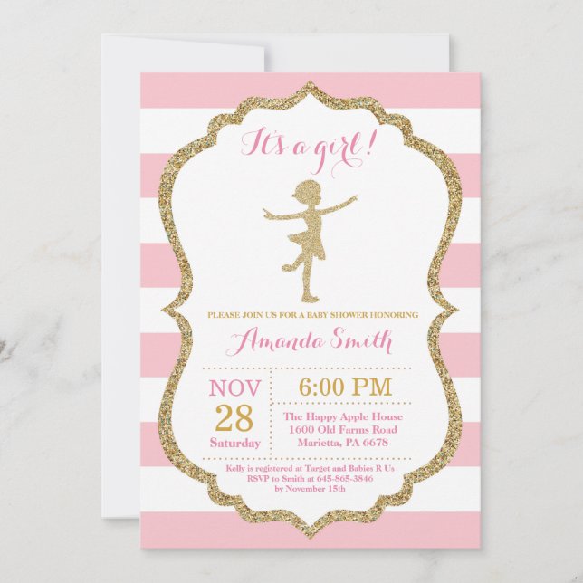 Invitación Ballerina Baby Shower Purpurina Rosa y Oro (Anverso)