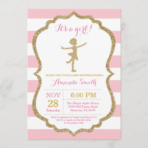 Invitación Ballerina Baby Shower Purpurina Rosa y Oro