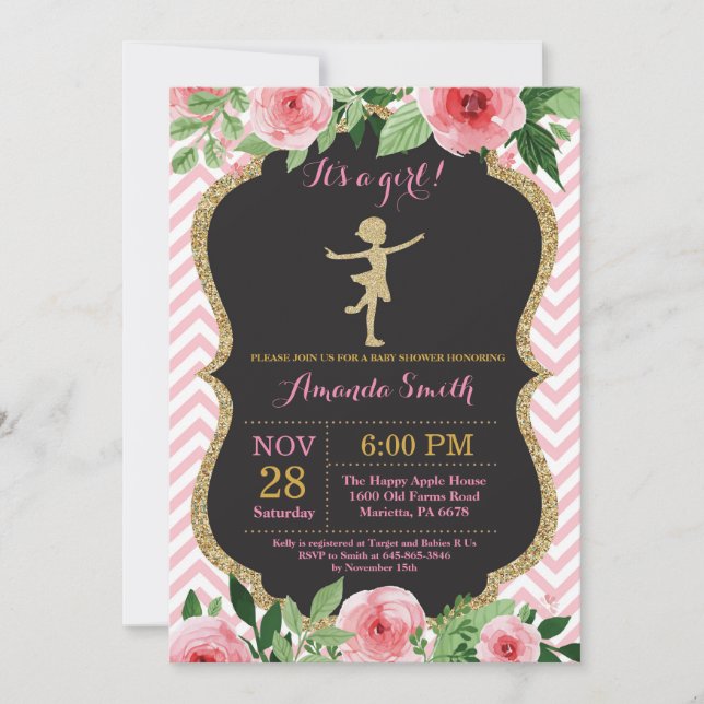 Invitación Ballerina Baby Shower Purpurina Rosa y Oro (Anverso)