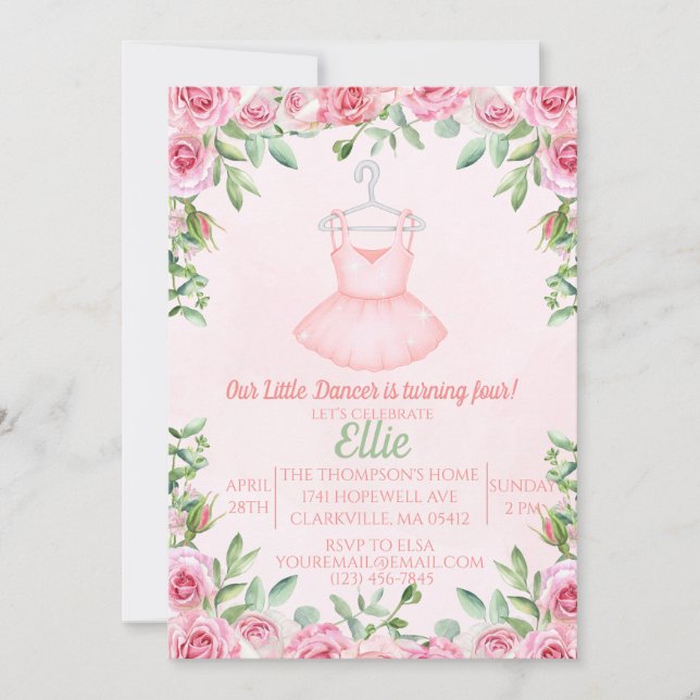 Invitación Ballerina baile color rosa acuarela (Anverso)