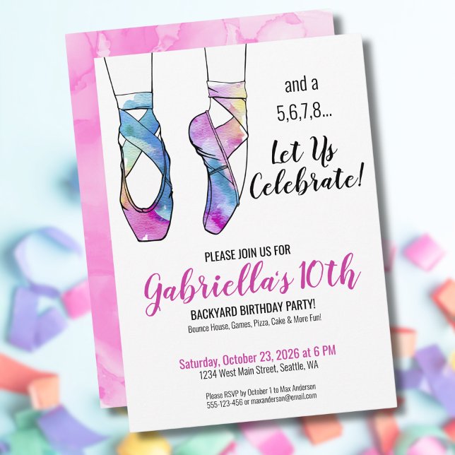 Invitación Ballerina Ballet Birthday Party (Ballerina Watercolor Ballet Girls 10th Birthday Invitation)