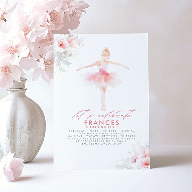 Invitación Ballerina Ballet Floral Pink Birday Party (Ballerina Elegant Birthday Invitations)