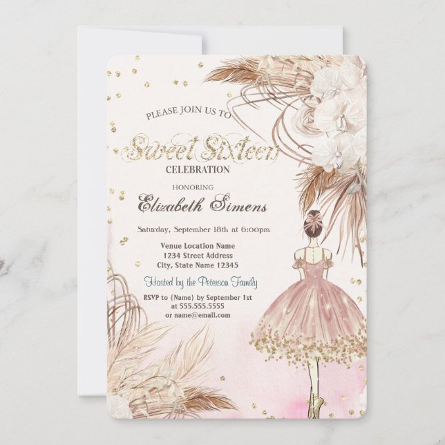 Invitación Ballerina Boho Flowers Rosa Gold Sweet 16 (Anverso)