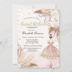 Invitación Ballerina Boho Flowers Rosa Gold Sweet 16