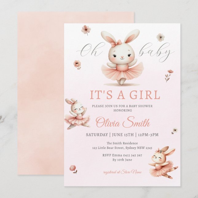 Invitación Ballerina Bunnies Oh Baby Bunny Chica Baby Shower (Anverso / Reverso)
