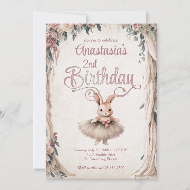Invitación Ballerina Bunny Chica Birthday (Anverso)