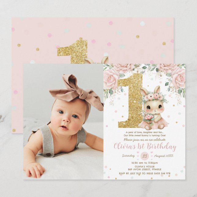 Invitación Ballerina Bunny Rabbit Blush 1st Birthday Photo (Anverso / Reverso)