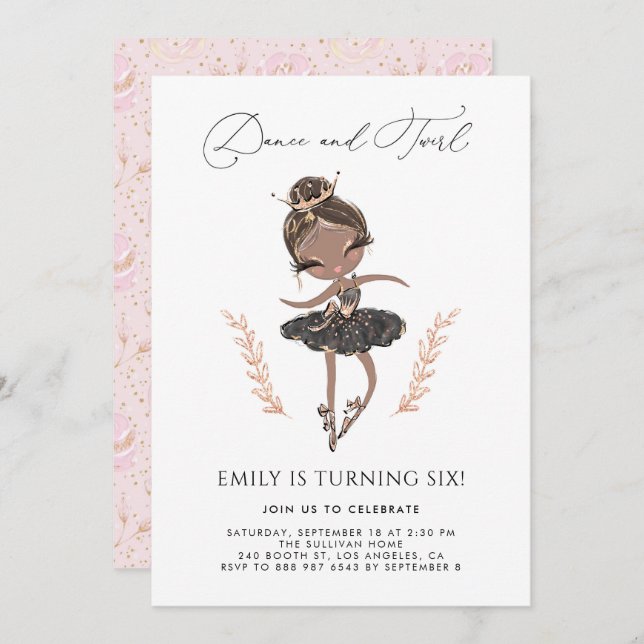 Invitación Ballerina Chica negra con vestido negro Cumpleaños (Anverso / Reverso)