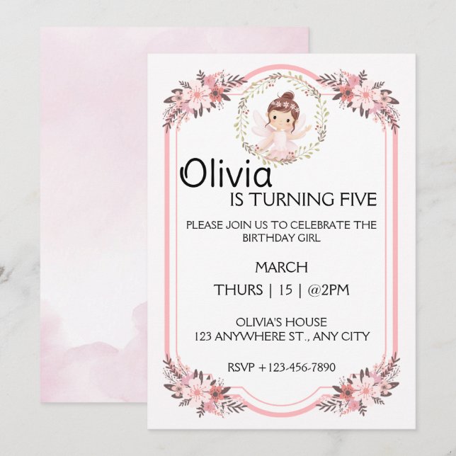 Invitación Ballerina Chica Pink Floral Wreath Fiesta de cumpl (Anverso / Reverso)