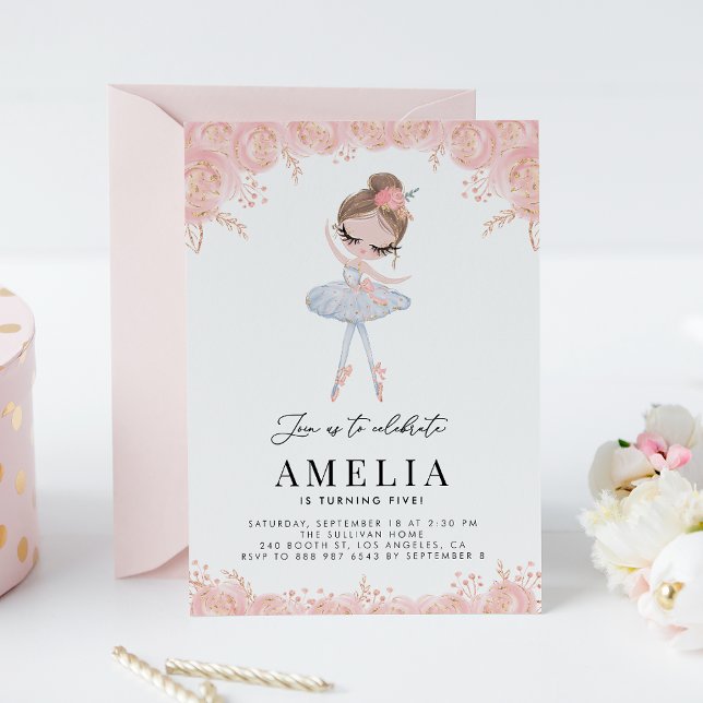 Invitación Ballerina con vestido blanco Cumpleaños floral (Subido por el creador)