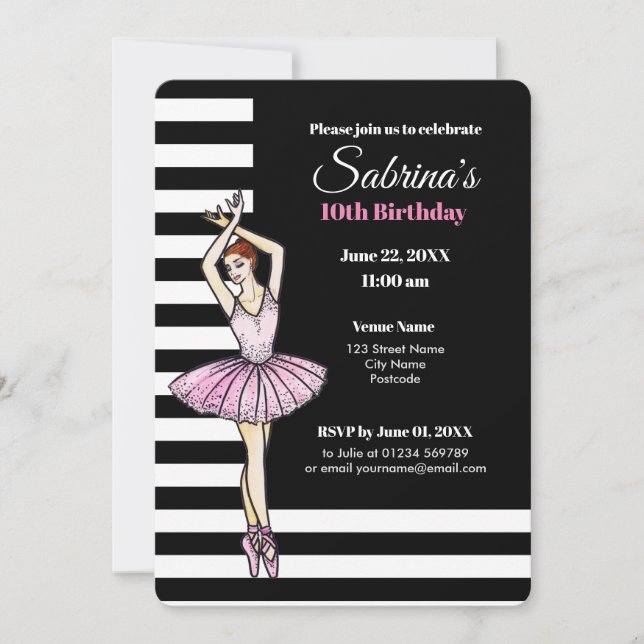 Invitación Ballerina con vestido rosa y zapatillas de punta (Anverso)