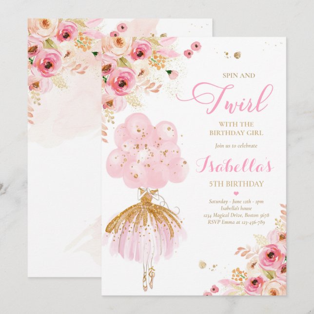 Invitación Ballerina Cumpleaños Ballerina Floral Rosa y Dorad (Anverso / Reverso)