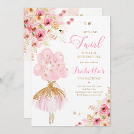 Invitación Ballerina Cumpleaños Ballerina Floral Rosa y Dorad