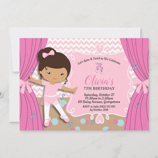 Invitación Ballerina Cumpleaños Ballet Rosa Tutu Ballet zapat (Anverso)