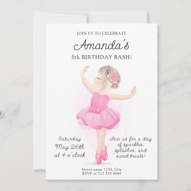 Invitación Ballerina Cumpleaños Party para Chicas (Anverso)