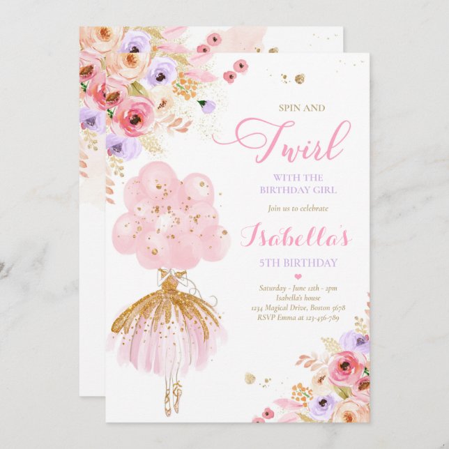 Invitación Ballerina Cumpleaños Pink & Gold Floral Ballerina (Anverso / Reverso)