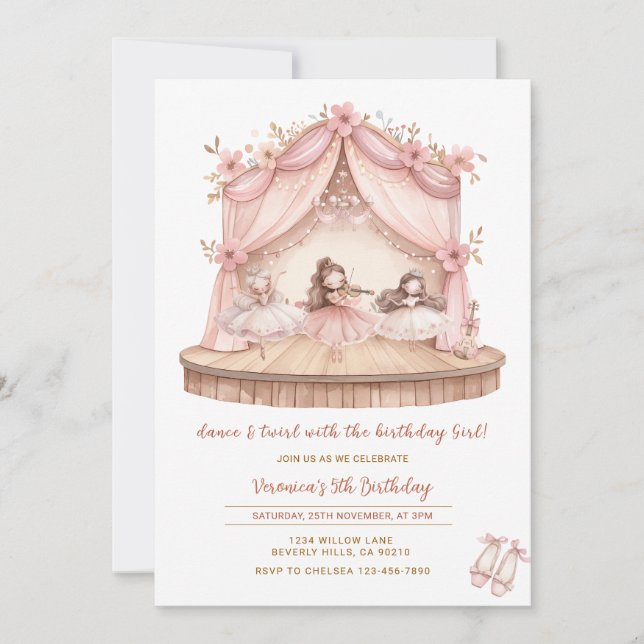 Invitación Ballerina Dance and Twirl 5th Birthday Girl  (Anverso)