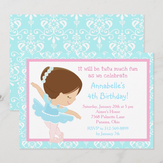 Invitación Ballerina de Brunette Cute y Damask azul (Anverso / Reverso)