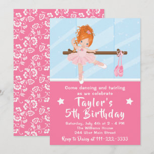 Invitación Ballerina de cabello rojo en cumpleaños tutu rosad