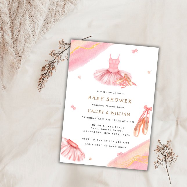 Invitación Ballerina de color rosa elegante Baby Shower (Pink Elegant Watercolor Ballerina Baby Shower Invitation)