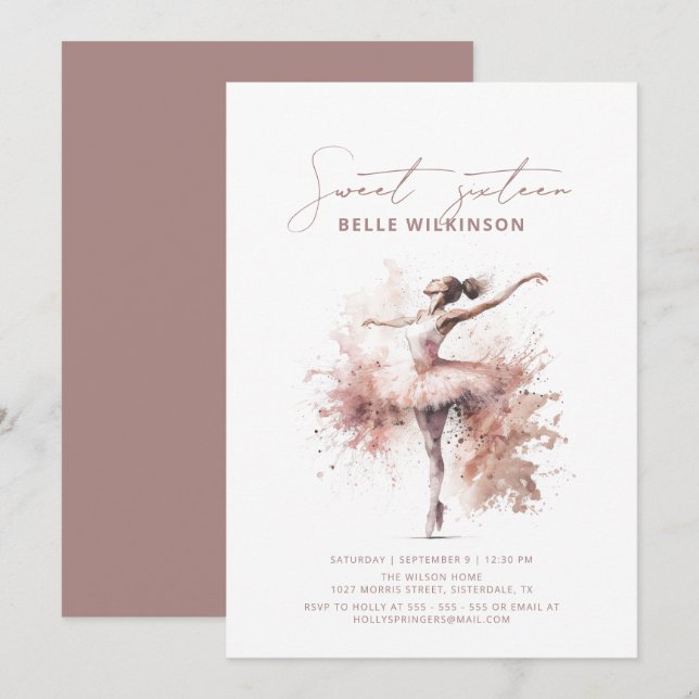 Invitación Ballerina de color rosa Rubor Sweet 16 cumpleaños (Anverso / Reverso)