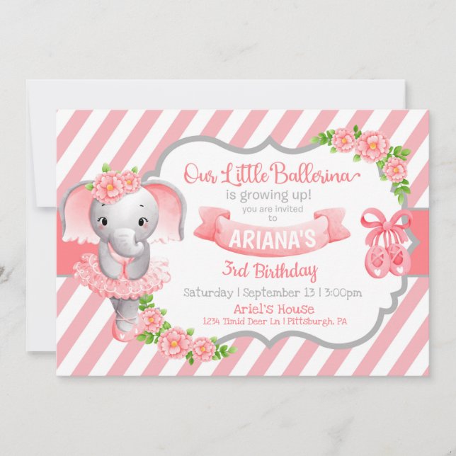 Invitación Ballerina Elefante Cumpleaños Rosa  (Anverso)