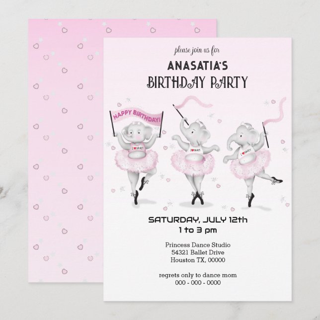 Invitación Ballerina Elephant Dance Recital (Anverso / Reverso)