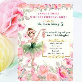 Invitación Ballerina en cumpleaños floral rosa y verde tutu