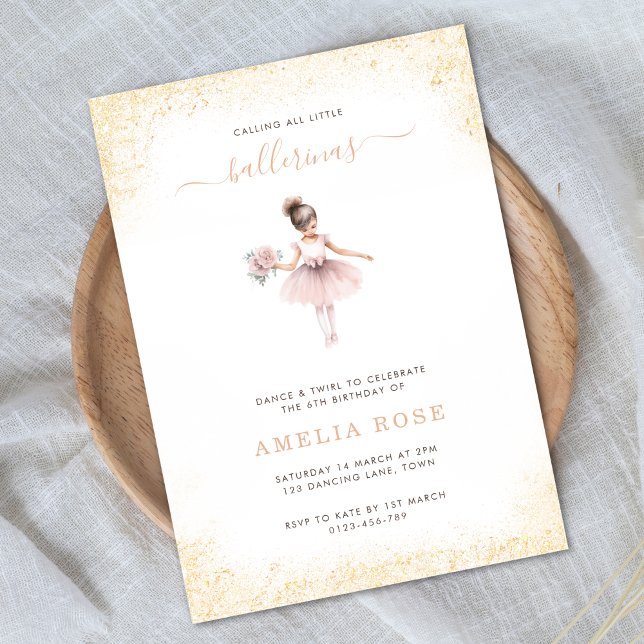 Invitación Ballerina Fiesta de Cumpleaños Chica Oro Rosa Flor (Subido por el creador)