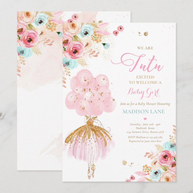 Invitación Ballerina Floral Rosa Y Mint Baby Shower (Anverso / Reverso)