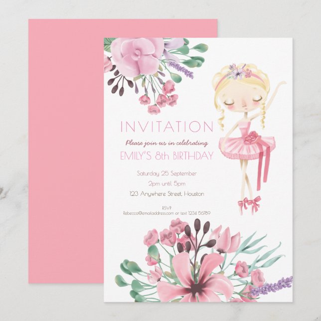 Invitación Ballerina Florals Chica Octava Fiesta de cumpleaño (Anverso / Reverso)