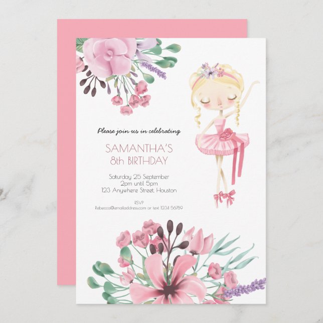 Invitación Ballerina Florals Foliage Chica 8Cumpleaños Party (Anverso / Reverso)
