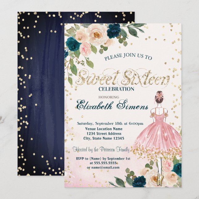 Invitación Ballerina Flores Diamantes Marina Blue Sweet 16 (Anverso / Reverso)