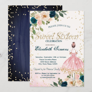 Invitación Ballerina Flores Diamantes Marina Blue Sweet 16