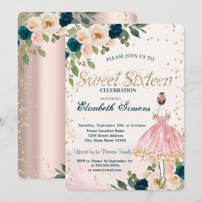 Invitación Ballerina Flores Diamantes Rosa Dulce de Oro 16 (Anverso / Reverso)