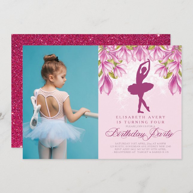 Invitación Ballerina Foto Cumpleaños Rosa (Anverso / Reverso)