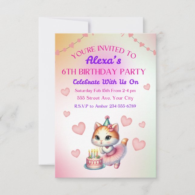 Invitación Ballerina gatita rosa y morada Cumpleaños (Anverso)