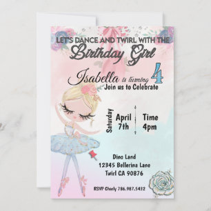 Invitación Ballerina invitando a cuatro cumpleaños