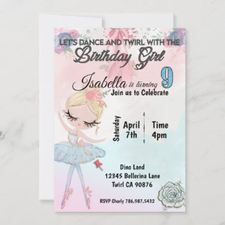 Invitación Ballerina invitando a cumplir nueve años