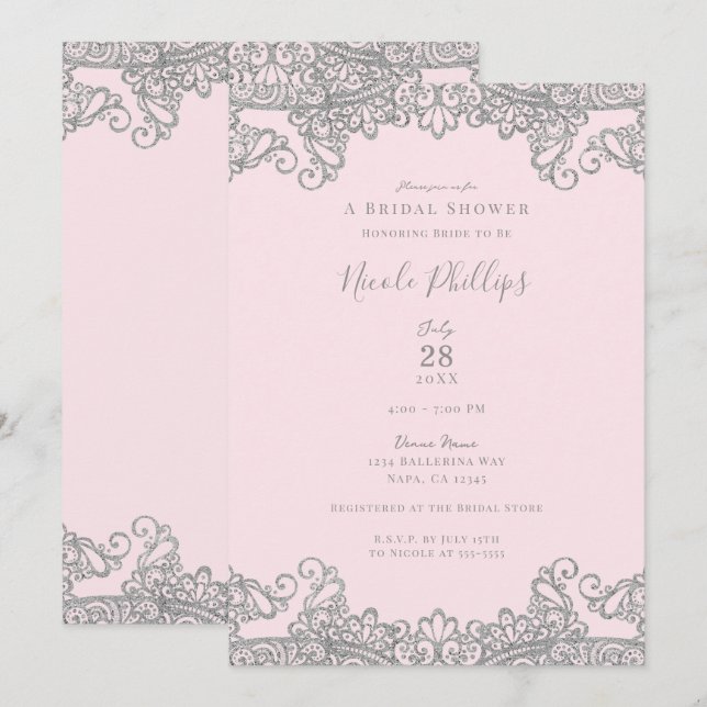 Invitación Ballerina Lace de Plata Rosa Elegante Ducha Bridal (Anverso / Reverso)