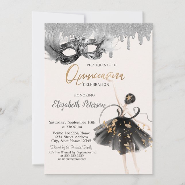Invitación  Ballerina Masque Glitter Drips Quinceanera (Anverso)