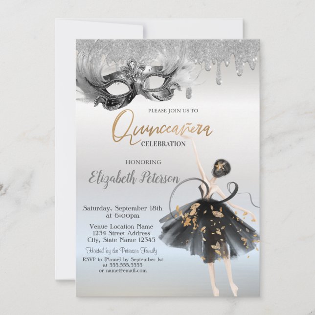 Invitación  Ballerina Masque Glitter Drips Silver Quinceanera (Anverso)