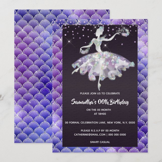 Invitación Ballerina mermaid purpurina chica púrpura rosa fie (Anverso / Reverso)