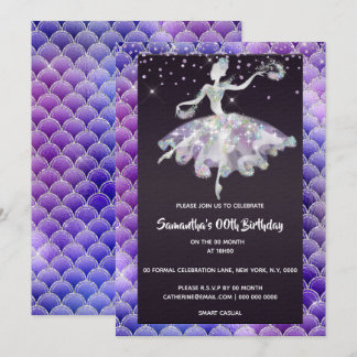 Invitación Ballerina mermaid purpurina chica púrpura rosa fie