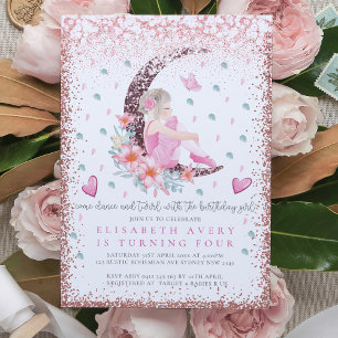 Invitación Ballerina Moon Pastel Purpurina Rosa Cumpleaños