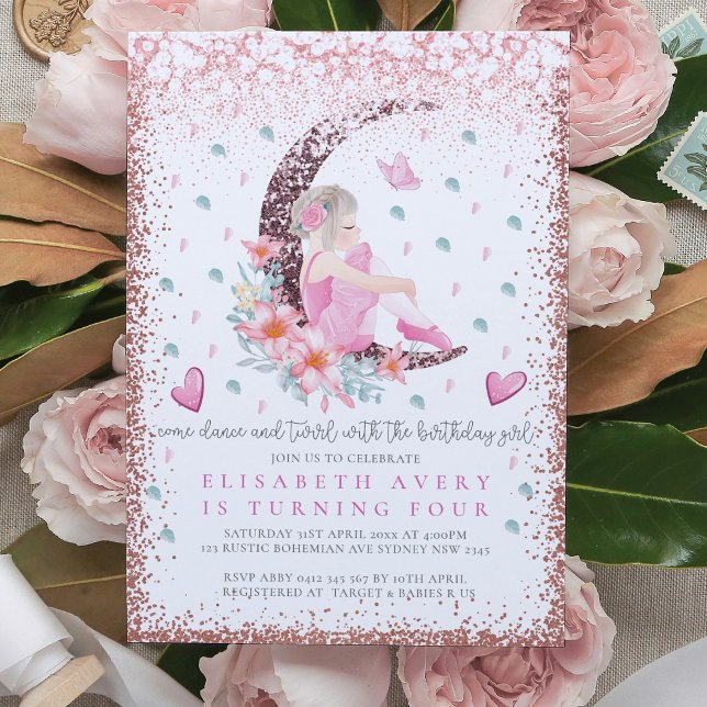 Invitación Ballerina Moon Pastel Purpurina Rosa Cumpleaños (Subido por el creador)