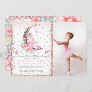 Invitación Ballerina Moon Pastel Purpurina Rosa Foto de cumpl