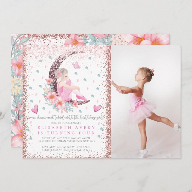 Invitación Ballerina Moon Pastel Purpurina Rosa Foto de cumpl (Anverso / Reverso)