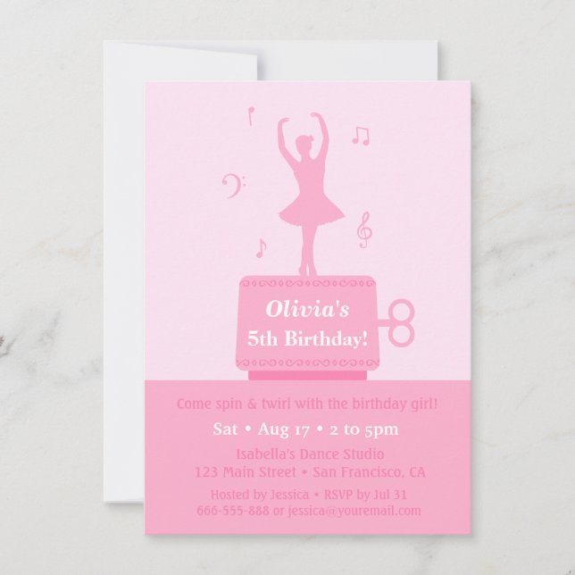 Invitación Ballerina Music Box Chica Fiesta de cumpleaños (Anverso)