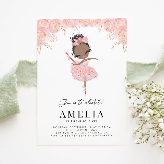 Invitación Ballerina negra con vestido rosa Cumpleaños Floral (Subido por el creador)